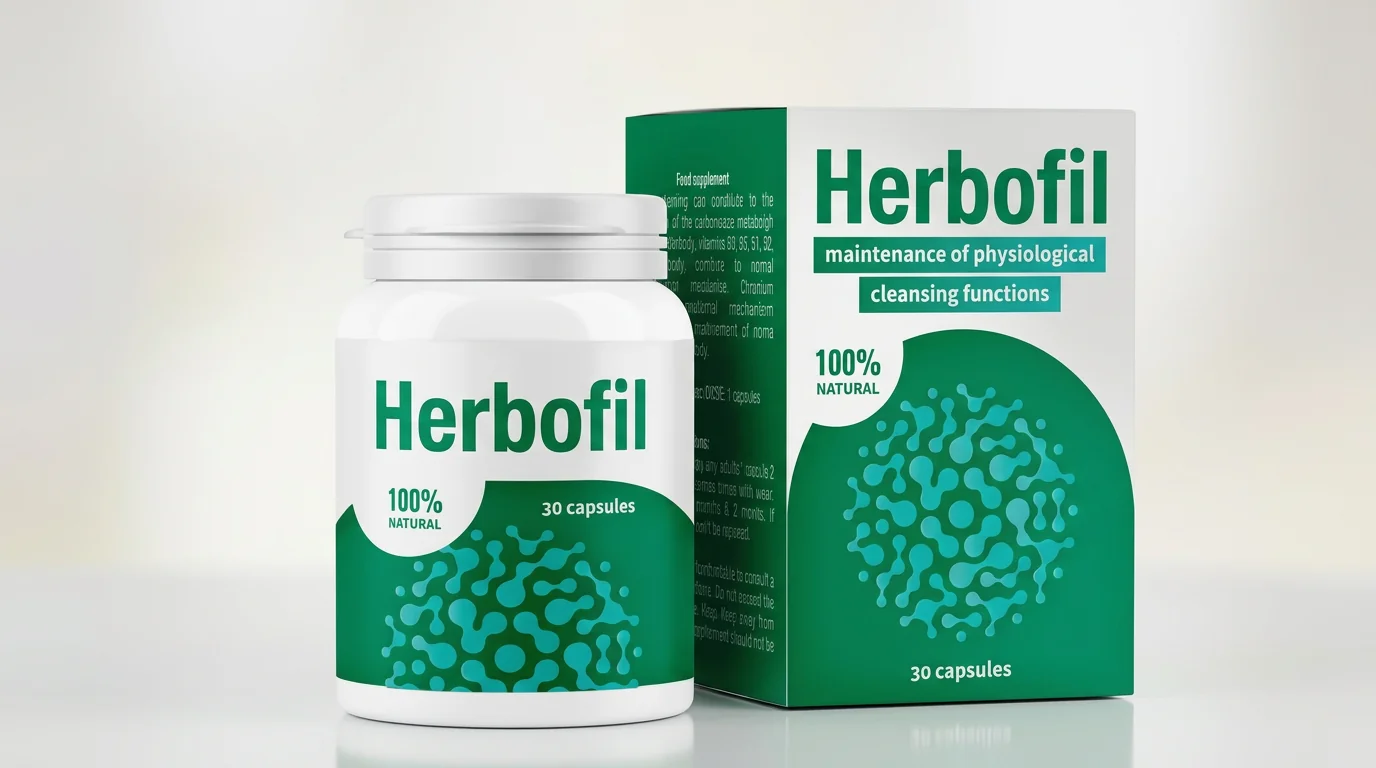 Бутилка и кутия Herbofil — бяла опаковка със зелен етикет