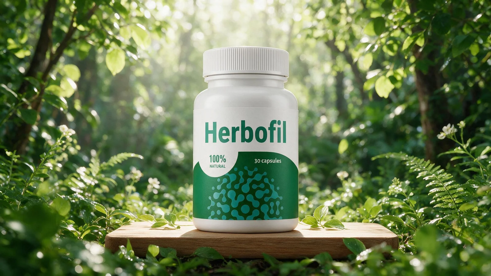 Herbofil — бяла бутилка със зелен етикет и кутия, 30 капсули